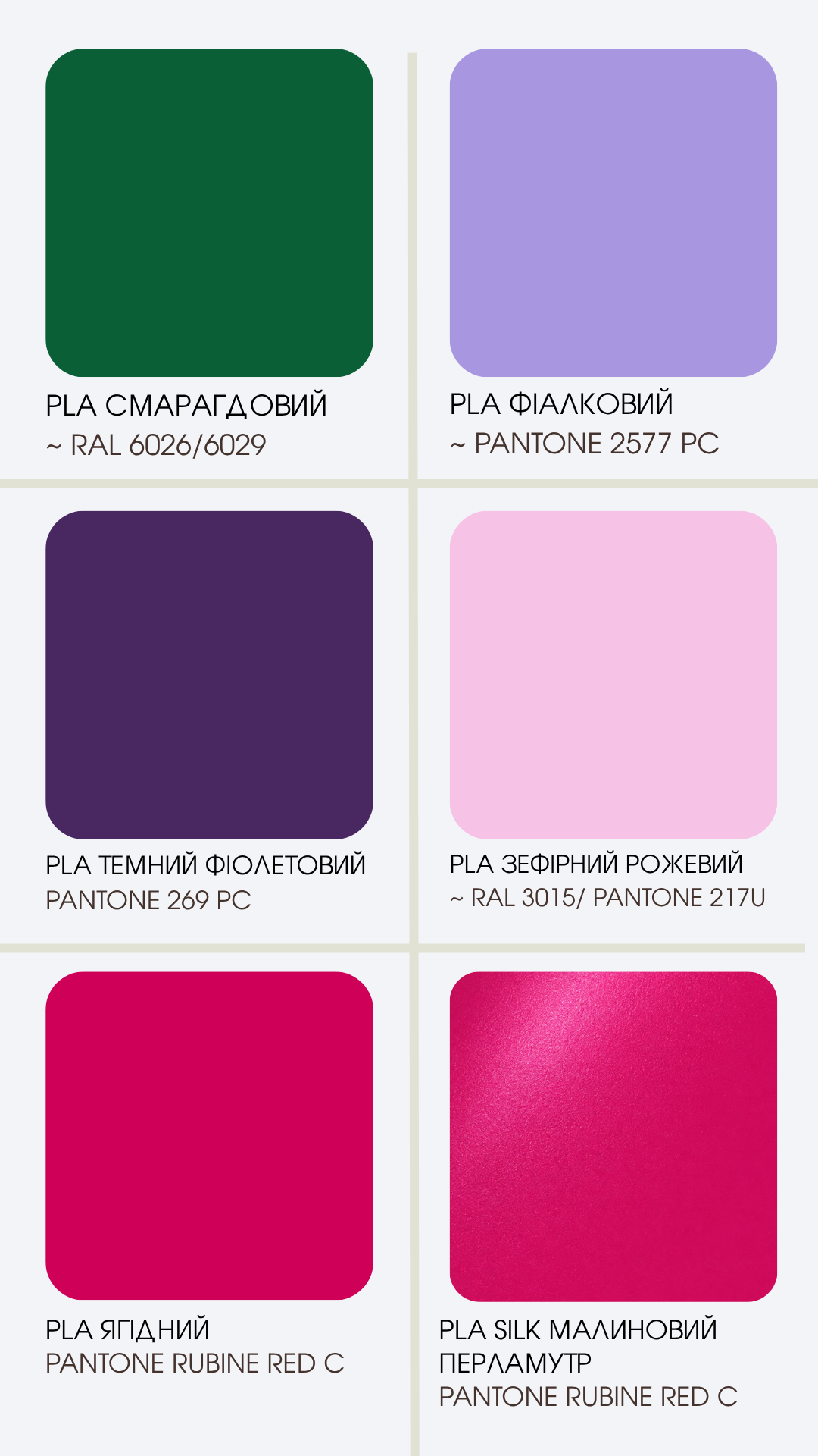 Палітра кольорів філаменту PLA та PETG — слайд 4