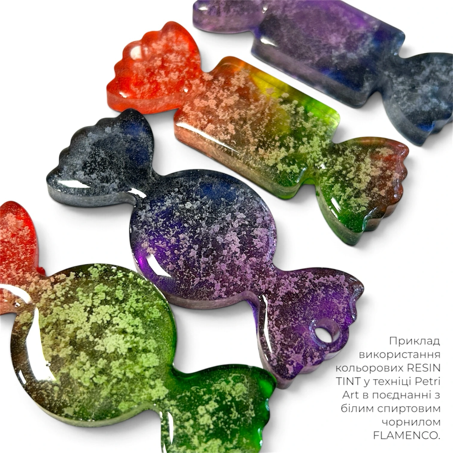 Готові вироби з епоксидної смоли у техніці Petri Art з кольоровими RESIN TINT і білим FLAMENCO